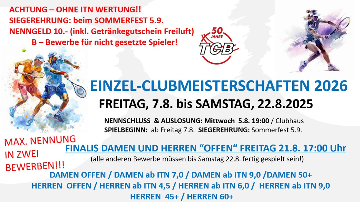 EINZEL CLUBMEISTERSCHAFTEN 2026  - 7. - 22. August